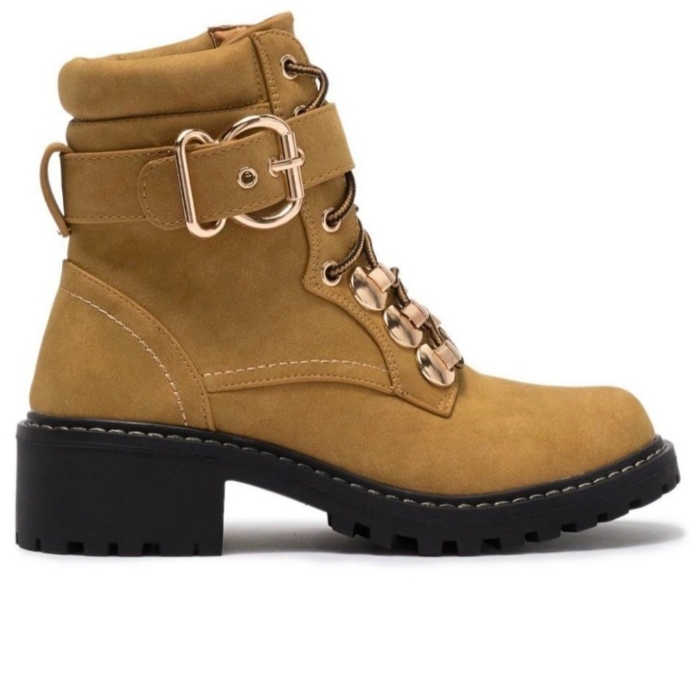 Seven7 Tan and Black Combat Moto Boots with Buckle Detail